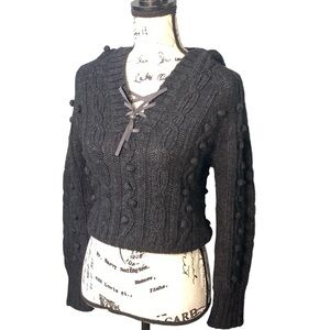 KENJI NATURALS Black Wool Sweater Warm Fisherman CableKnit Laceup Hoodie Pompoms